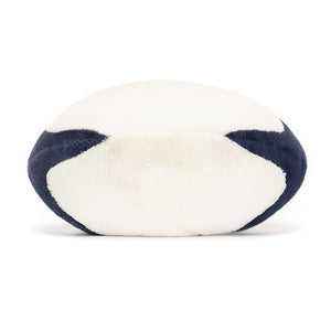 Bottom view of the plush rugby ball, displaying navy blue and white panel design.