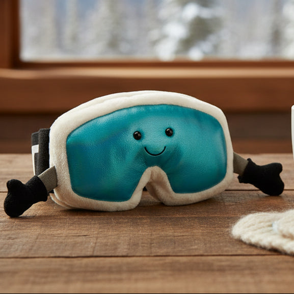 Angled View: Hit the slopes (or the couch!) in style! The Jellycat Amuseables Ski Goggles sit tilted, showcasing their cream suedette frames, dazzling holographic aqua lenses, stretchy "Jellycat" headband, and cosy grey suedette gloves.
