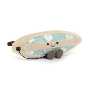 Jellycat Amuseables Sports Surfboard plush toy with a tropical floral centre, smiley face and cordy feet – front view on white background.