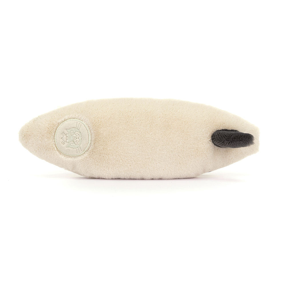 Soft cream plush back of Jellycat Amuseables Sports Surfboard toy with stitched Jellycat logo and black tail fin.