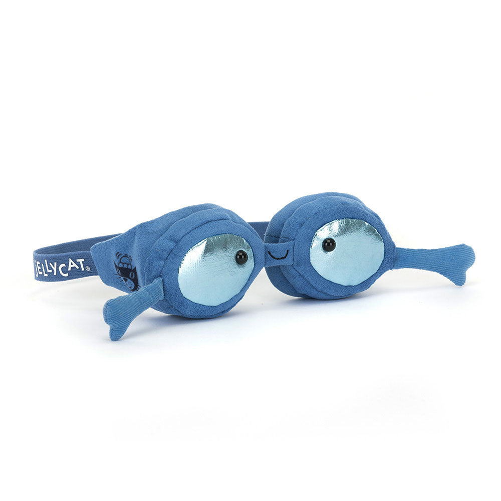 Jellycat Amuseables Sports Swimming Goggles plush toy in blue with shiny metallic lenses.