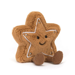 A soft, golden Jellycat Amuseable Star Cookie with embroidered icing details and five silver stitched balls.