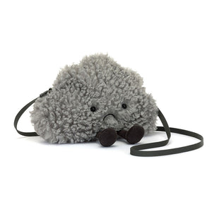 Front view of Jellycat Amuseables Storm Cloud Bag with plush grey fabric and cute corduroy boots.