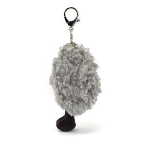 Side profile of the Jellycat Amuseables Storm Cloud Bag Charm, demonstrating its fluffy form and silver claw attachment.