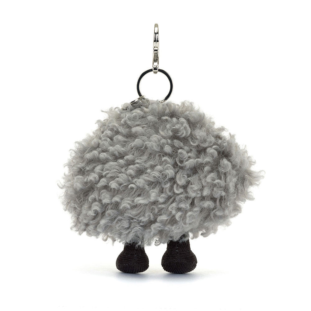 Back view of the Jellycat Amuseables Storm Cloud Bag Charm, showing the Jellycat branded disc and secure clasp.