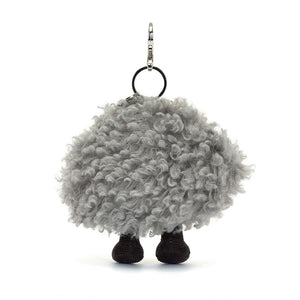 Back view of the Jellycat Amuseables Storm Cloud Bag Charm, showing the Jellycat branded disc and secure clasp.