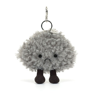 Front view of the Jellycat Amuseables Storm Cloud Bag Charm, highlighting its expressive face and cord "boots."