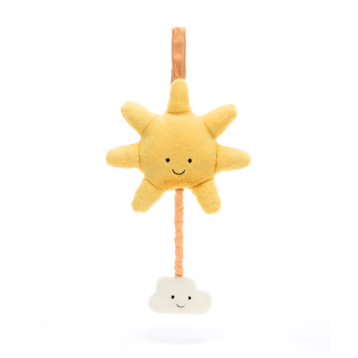 A side view of a Jellycat Amuseable Sun Musical Pull, highlighting its textured, sunshine-like fur, dimension of the floppy rays, and a dangling star for musical playtime.