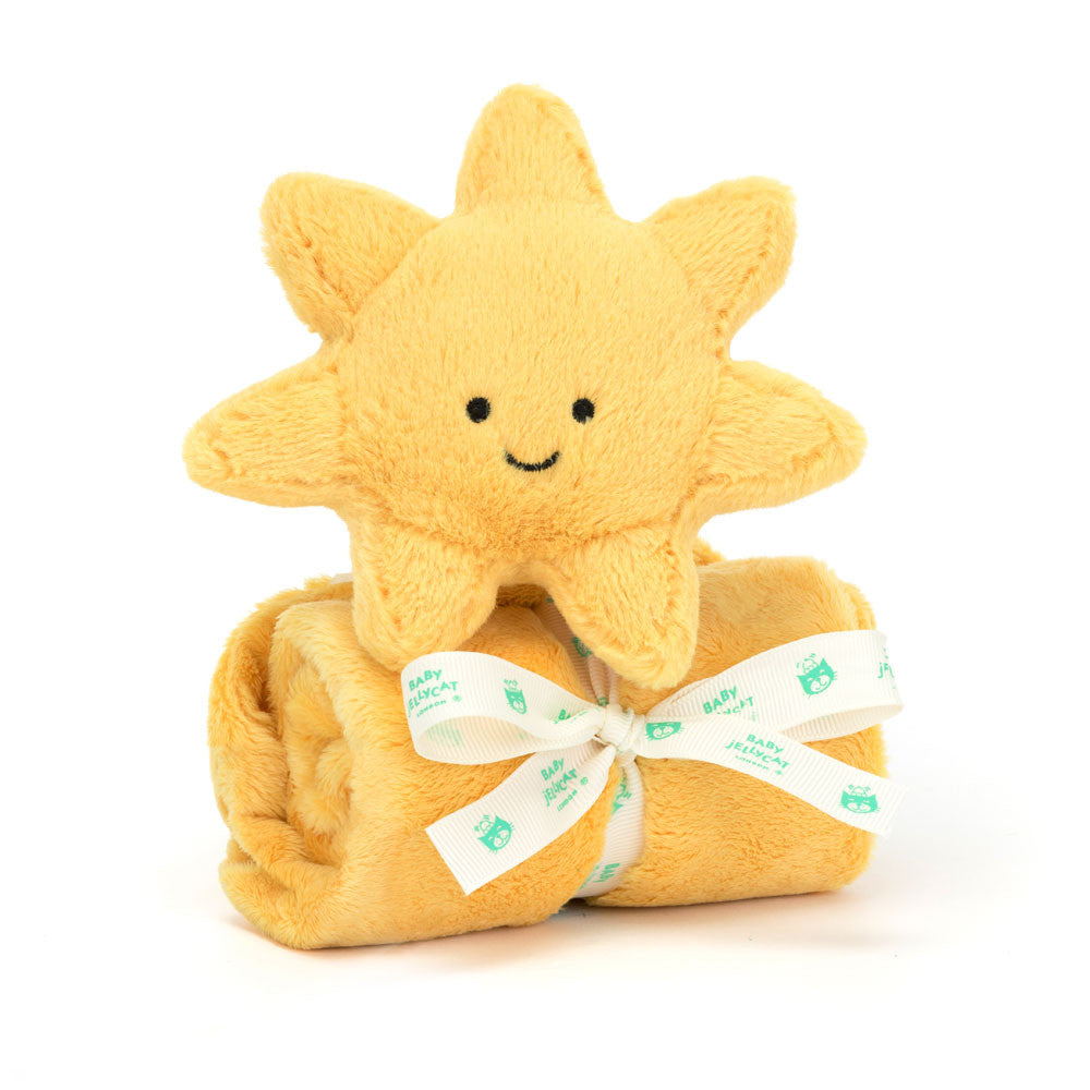 Front view of Jellycat Amuseable Sun Soother with plush sun and blanket.