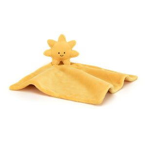 Jellycat Amuseable Sun Soother lying flat with smiling sun and soft fabric.