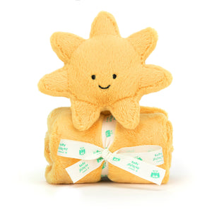 Sunshine and Softness: A Jellycat Sun Soother wrapped in a cozy yellow blanket, ready for cuddling adventures.