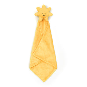 Cuddles on the Go: A Jellycat Sun Soother with a super soft yellow blanket, easily hung by the white ribbon.