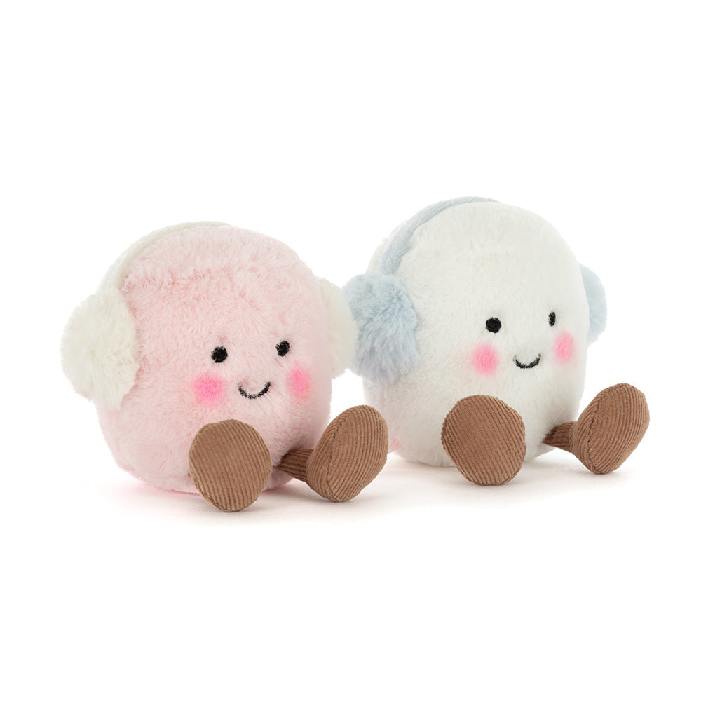 Jellycat Amuseables Toastie Pink & White Marshmallows plush duo sitting side by side with cosy earmuffs and smiling faces.