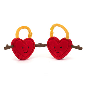 Front View: Jellycat Amuseables Val & Tina Love Locks, soft plush toys with interlocking yellow padlocks.