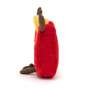 Side View: Jellycat Amuseables Val & Tina Love Locks, red plush toys with cocoa cordy arms.