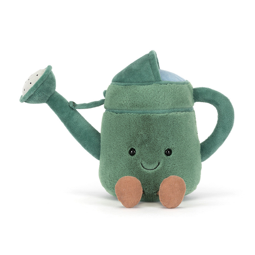 Jellycat plush watering can front view with coral corduroy feet