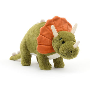 Meet Archie the friendly triceratops! Deep green & cream fur, soft suedette horns, playful orange frill & a cuddly tail make him the perfect dino pal.