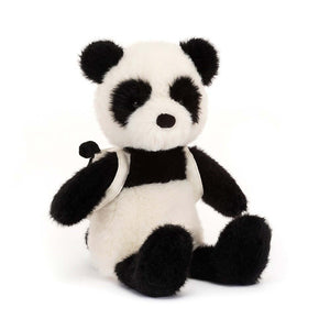Jellycat backpack panda children's soft toy wearing a tiny little backpack.
