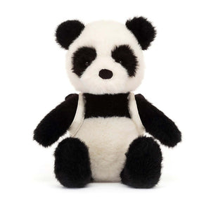 From the front the Jellycat Backpack Panda children's soft toy with a cute little white fuzzy belly.
