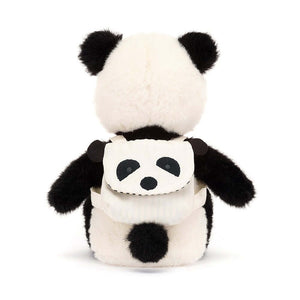 From behind showing the little backpack that this plush panda soft toy is wearing. 