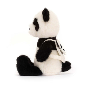 Sitting to the side Jellycat Backpack Panda has his little legs stretched out in front.