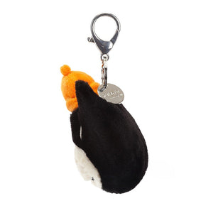 A side view of the Jellycat Bag Charm that shows the Jellycat name charm and silver claw clip.