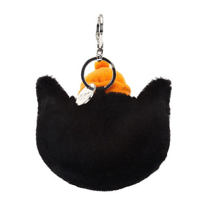 A rear view of the Jellycat Bag Charm that shows the Jellycat name charm and silver claw clip.