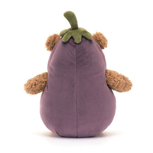 Back View: Backside of the Jellycat Bartholomew Bear Aubergine showcases the fuzzy green stalk hat and a cute and purple costume.