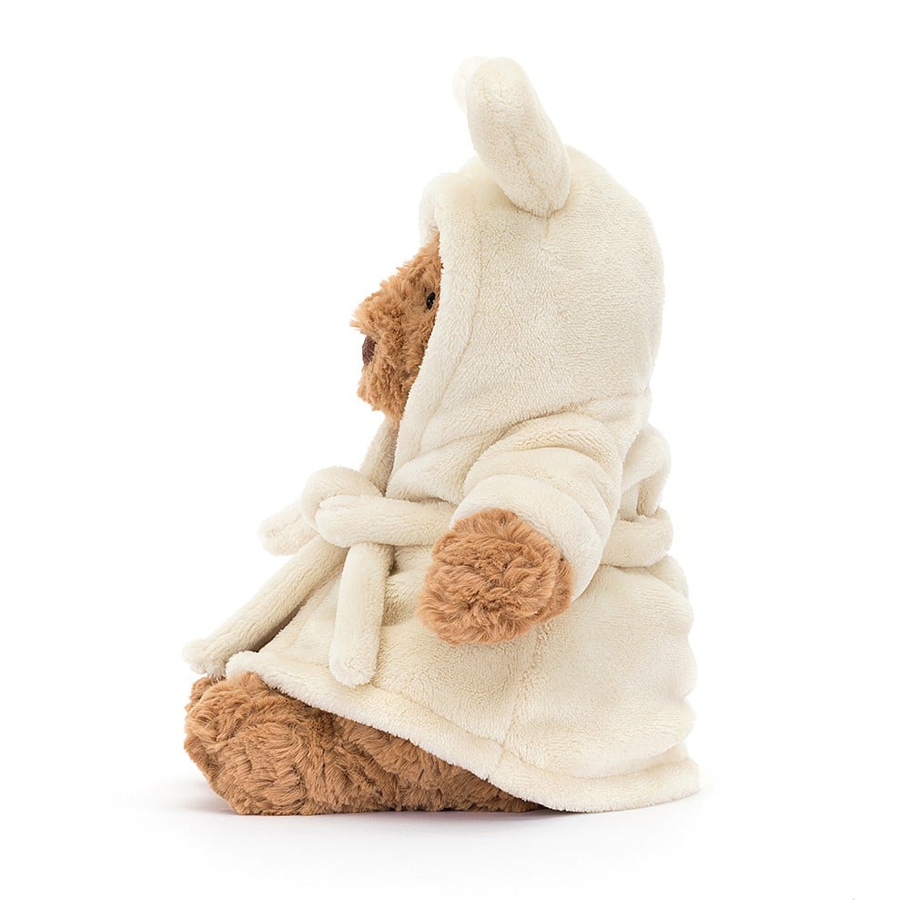 A side view of Jellycat Bartholomew Bear Bathrobe.