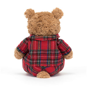 A rear view of Bartholomew bear bedtime showing his adorable red tartan pyjamas.