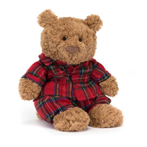 A picture of Jellycat Bartholomew Bear Bedtime, this is a front view showing  Bartholomew with his gingerbread fur, wearing his red tartan pyjamas with little embroidered buttons.