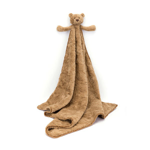 Cuddles on the Go: Soft Jellycat Bartholomew Bear Blankie hangs by its white ribbon, perfect for taking anywhere. 