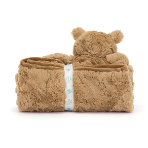 Bear Hug Bliss: Back view of the Jellycat Bartholomew Bear Blankie wrapped up, waiting to bring comfort and eco-friendly snuggles.