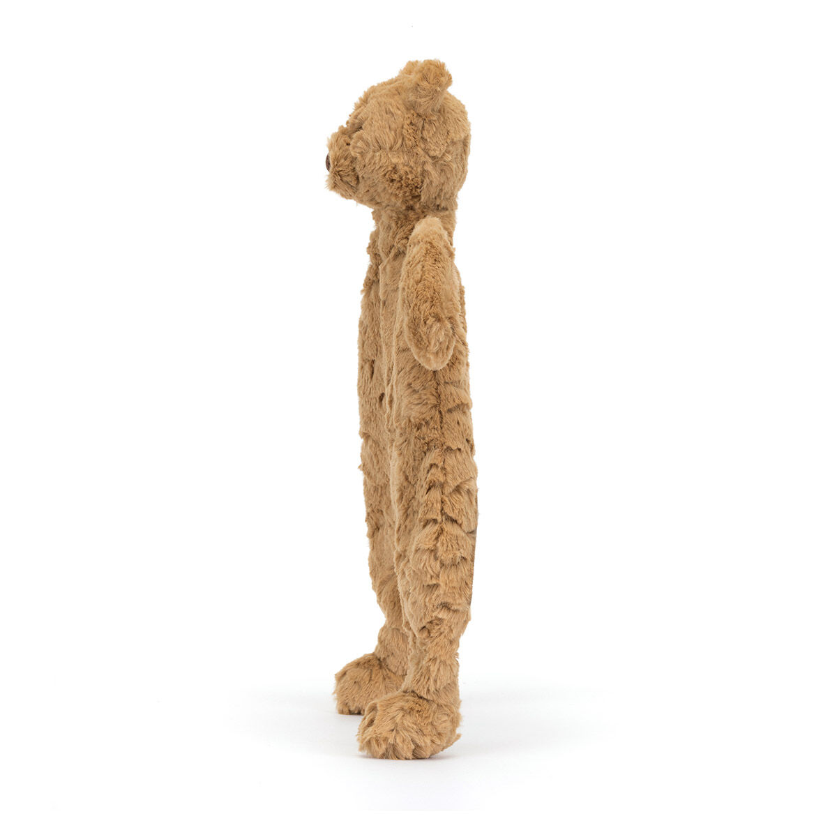 Side View Snuggles: Soft brown Jellycat Bartholomew Bear Comforter in profile view, highlighting its huggable form and adorable bear features.