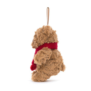 Jellycat Bartholomew Bear Decoration, side view, plush bear with fudge jacquard ribbon.