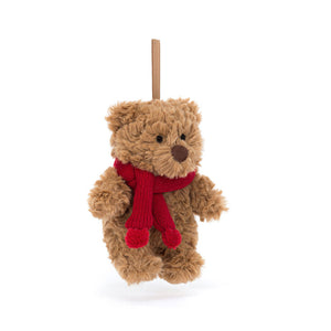 Jellycat Bartholomew Bear Decoration, angled view, soft plush toy with red scarf.