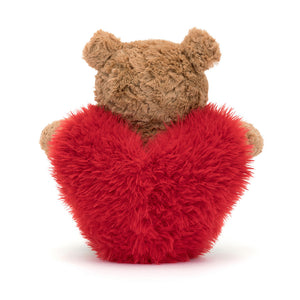 Back View: Jellycat Bartholomew Bear Heartthrob, a loveable plush toy in a heart-shaped outfit.