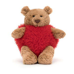 Front View: Jellycat Bartholomew Bear Heartthrob, a soft plush toy with a heart-shaped outfit.