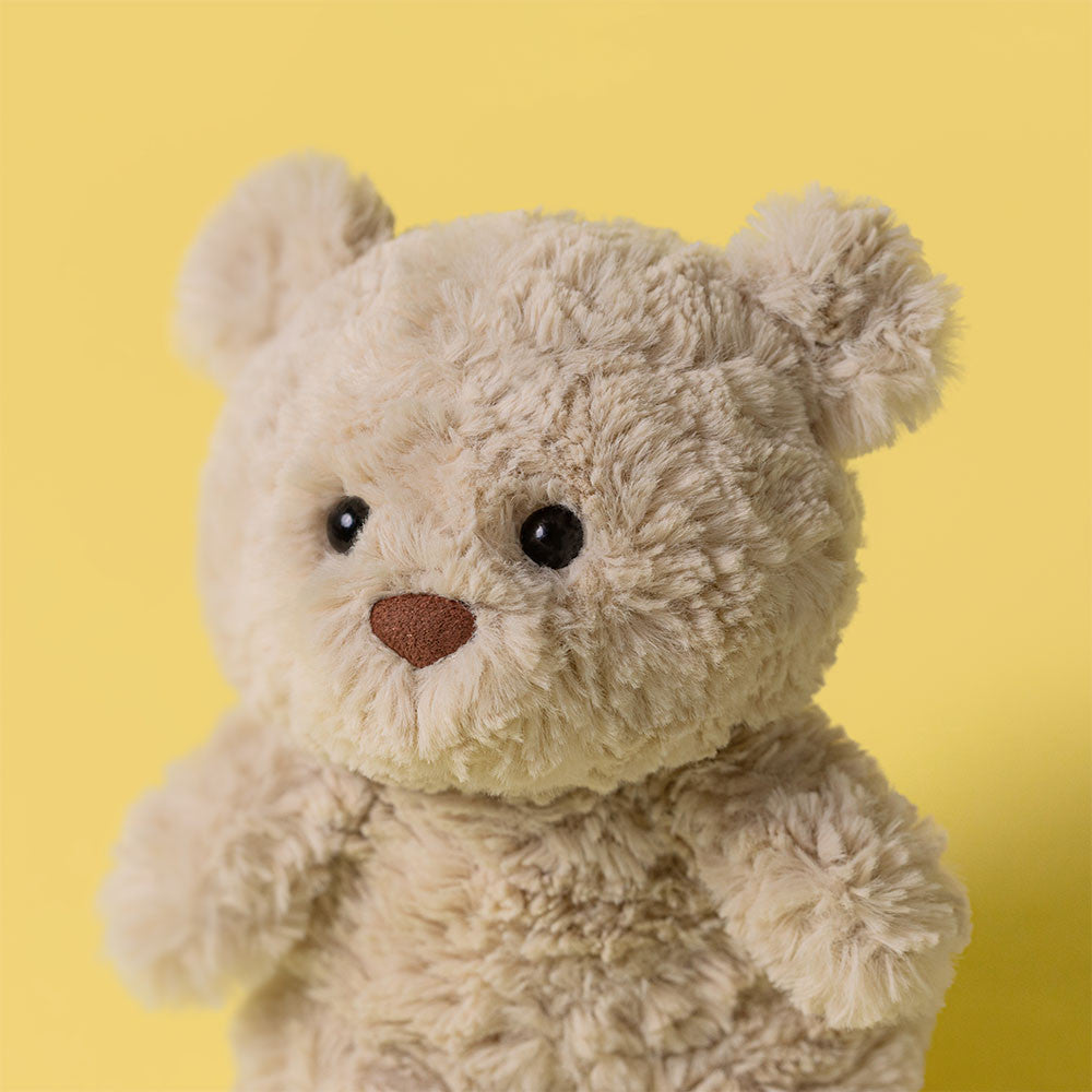 Close-up of Bartholomew Bear Junior face on yellow background
