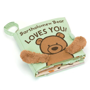 Angled View: Bartholomew Bear says "I love you!" This Jellycat book, showcasing its vibrant cover with a cuddly Bartholomew Bear with soft golden paws. Perfect for little ones from birth!