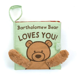 Straight On View: Front view of the adorable Jellycat Bartholomew Bear Loves You book. Features a colorful cover with a friendly Bartholomew Bear and soft golden paw's.