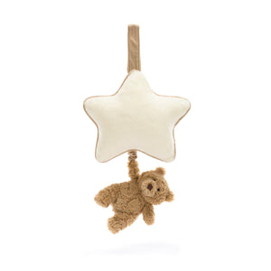 Musical Lullabies: Jellycat Bartholomew Bear Musical Pull with paw outstretched, ready to play a calming melody for bedtime. 