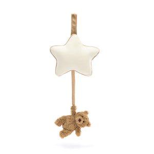 Sweet Dreams with Bartholomew: Cozy Jellycat Bartholomew Bear Musical Pull at an angle, showcasing its soft fur and musical star.