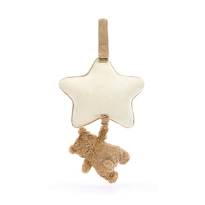 Ready for Adventures: Back view of the Jellycat Bartholomew Bear Musical Pull, a cuddly companion with a musical surprise. 