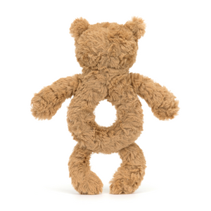Ready for Adventures: Back view of the Jellycat Bartholomew Bear Ring Rattle, a cuddly companion with a secret rattle inside. 