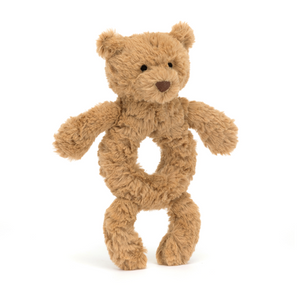 Sensory Play with Bartholomew: Cozy Jellycat Bartholomew Bear Ring Rattle at an angle, showcasing its soft fur, long arms, and ring shape.