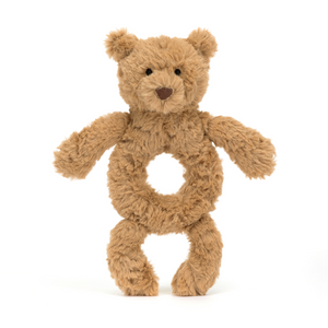 Cuddles & Rattles: Adorable Jellycat Bartholomew Bear Ring Rattle with soft fur and a gentle rattle, ready for playtime.