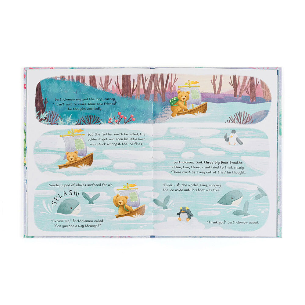 Open book pages showing Bartholomew Bear rowing through icy waters with whales nearby.