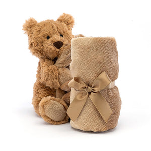 Cozy up with the Jellycat Bartholomew Bear Soother! This cuddly toffee bear clutches a dreamy-soft, fudge-brown blanket, perfect for naps and nighttime comfort. (Front view)
