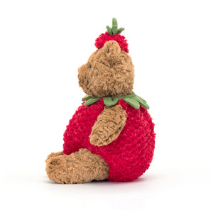 Side View: Bartholomew Bear Strawberry shows off his fluffy tail and textured red costume, perfect for hugs and playtime.